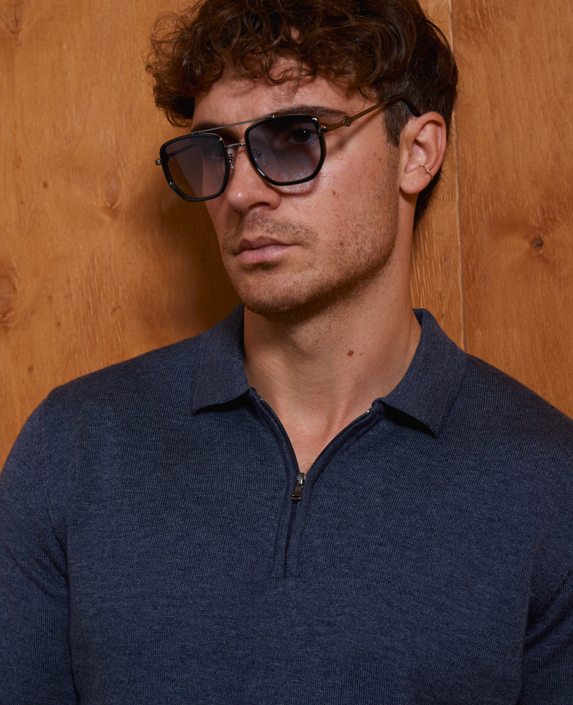 Knitted half-zip polo blue melange