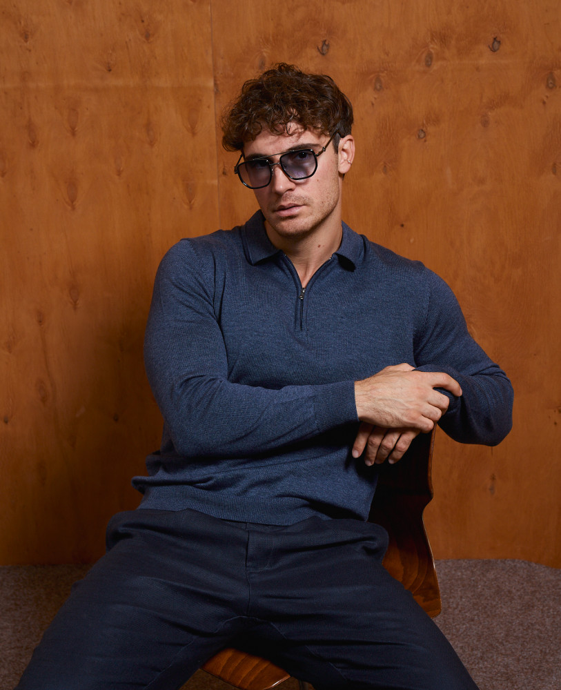 Knitted half-zip polo blue melange