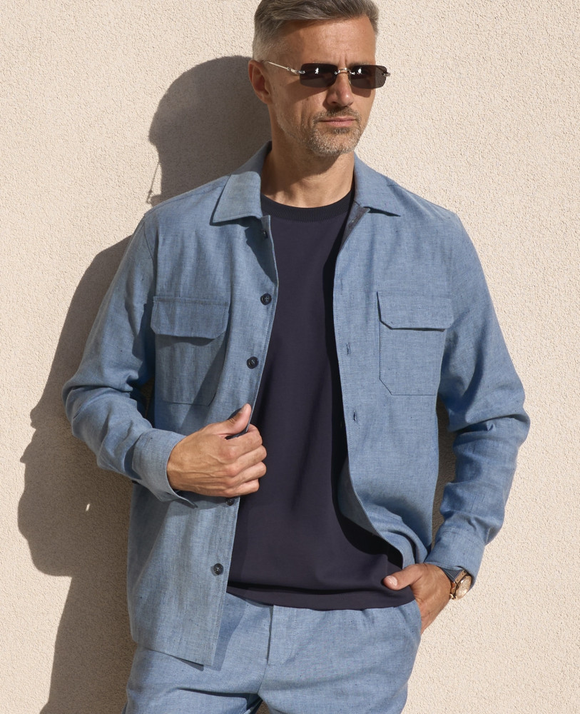 DENIM COLOR LINEN SHIRT WITH POCKETS