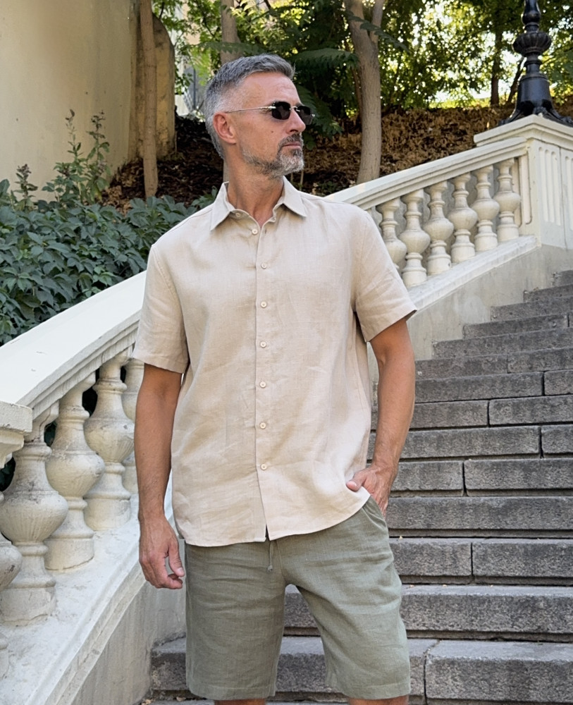 SAND LINEN SHIRT WITH SHORT SLEEVE 