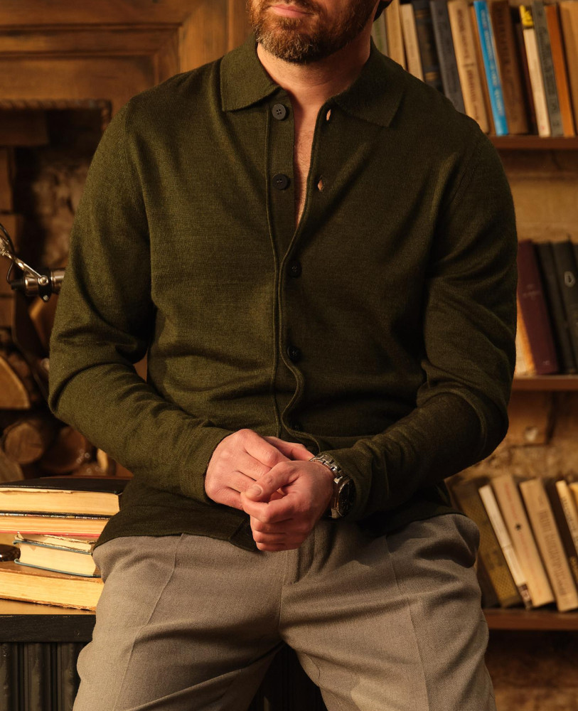 KNITTED KHAKI MERINO WOOLLEN CARDIGAN
