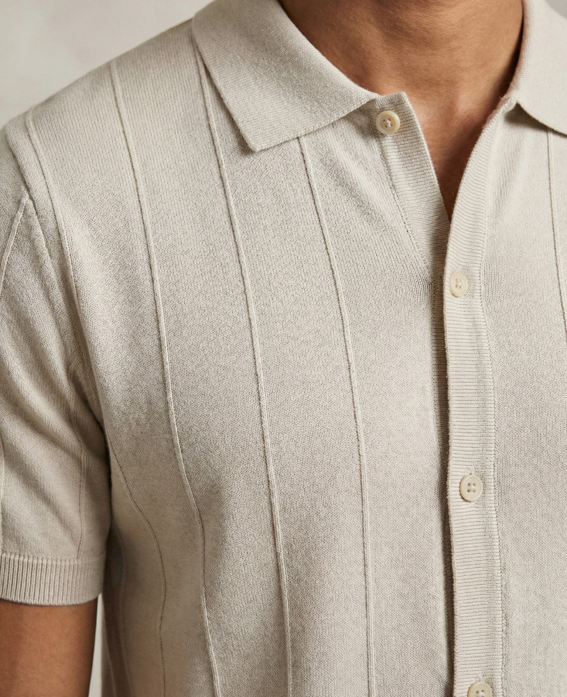 BEIGE KNITTED BUTTON-THROUGH POLO SHIRT